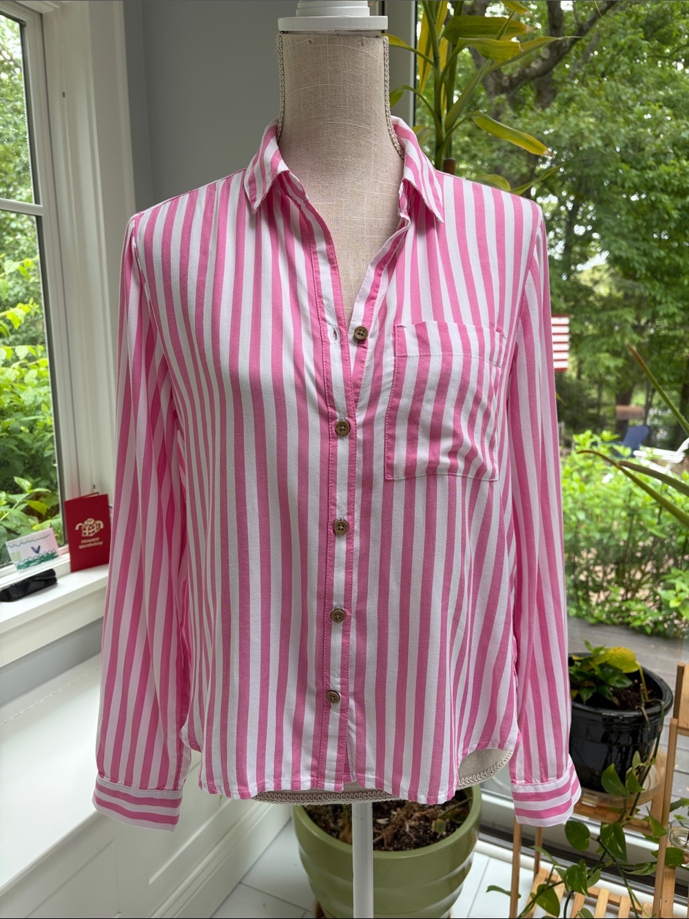 beachlunchlounge Pink and White Stripe Button-Up Shirt